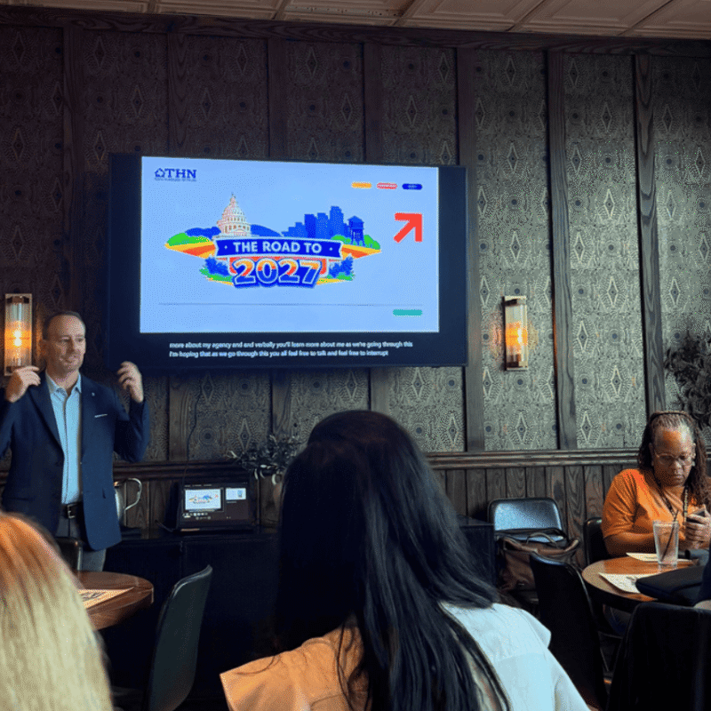 THN President and CEO Eric Samuels speaking at the Denton County Homeless Coalition’s Advocacy Conversation with the Texas Homeless Network in Denton.